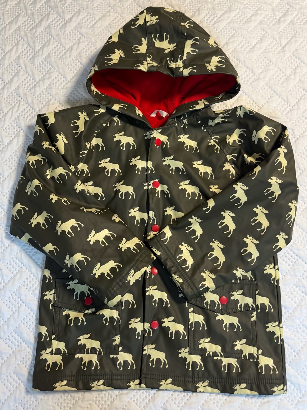 Hatley Size 7 Kids Hooded Rain Jacket Moose Olive Green Red Lining Waterproof